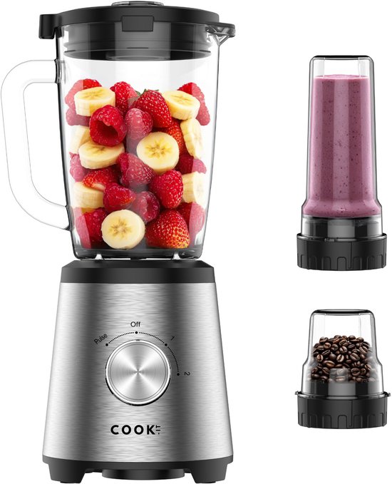 COOK-IT 3-in-1 Blender - 1500W - RVS Design - Glazen Blenderkan 1,75L -