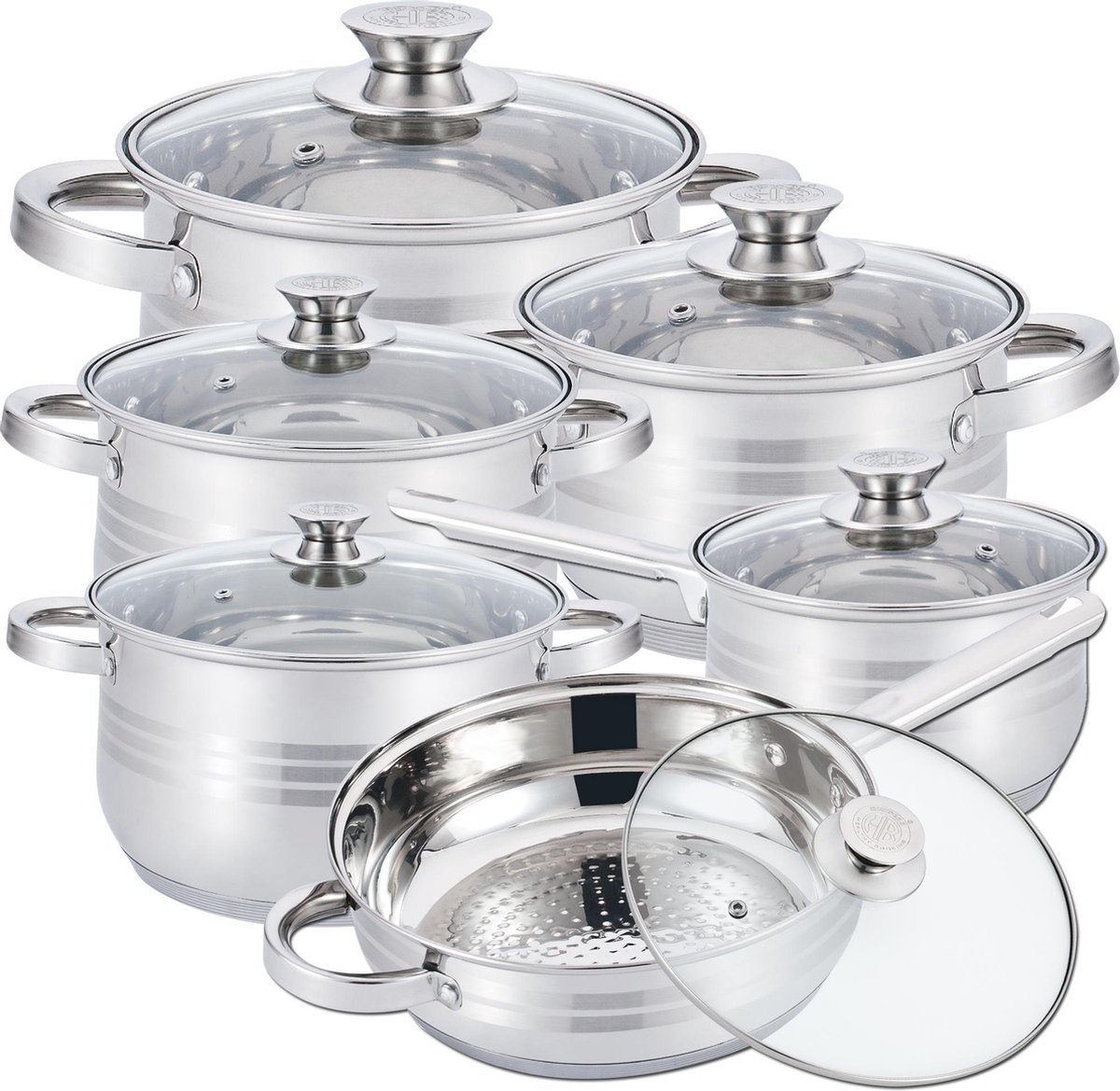 Pannenset 12-delig RVS met Glazen Deksels