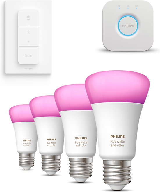 Philips Hue Starterspakket E27 - 4 Lampen met Bridge en Dimmer Switch